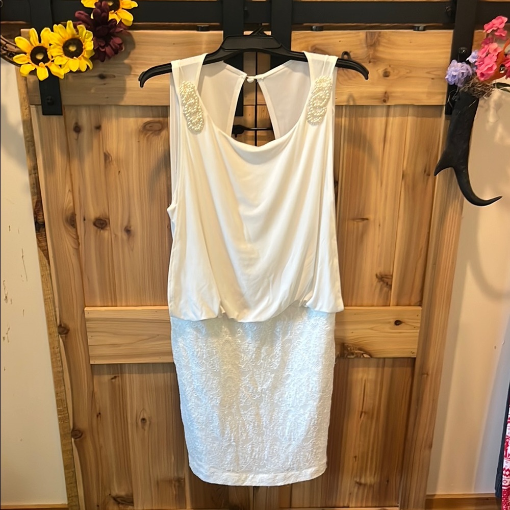 Scarlett White Sleeveless Lace-Panel Pearl Accents Midi Dress